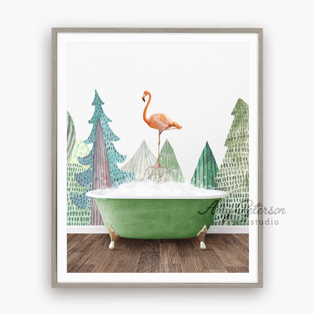 a painting of a flamingo in a bathtub