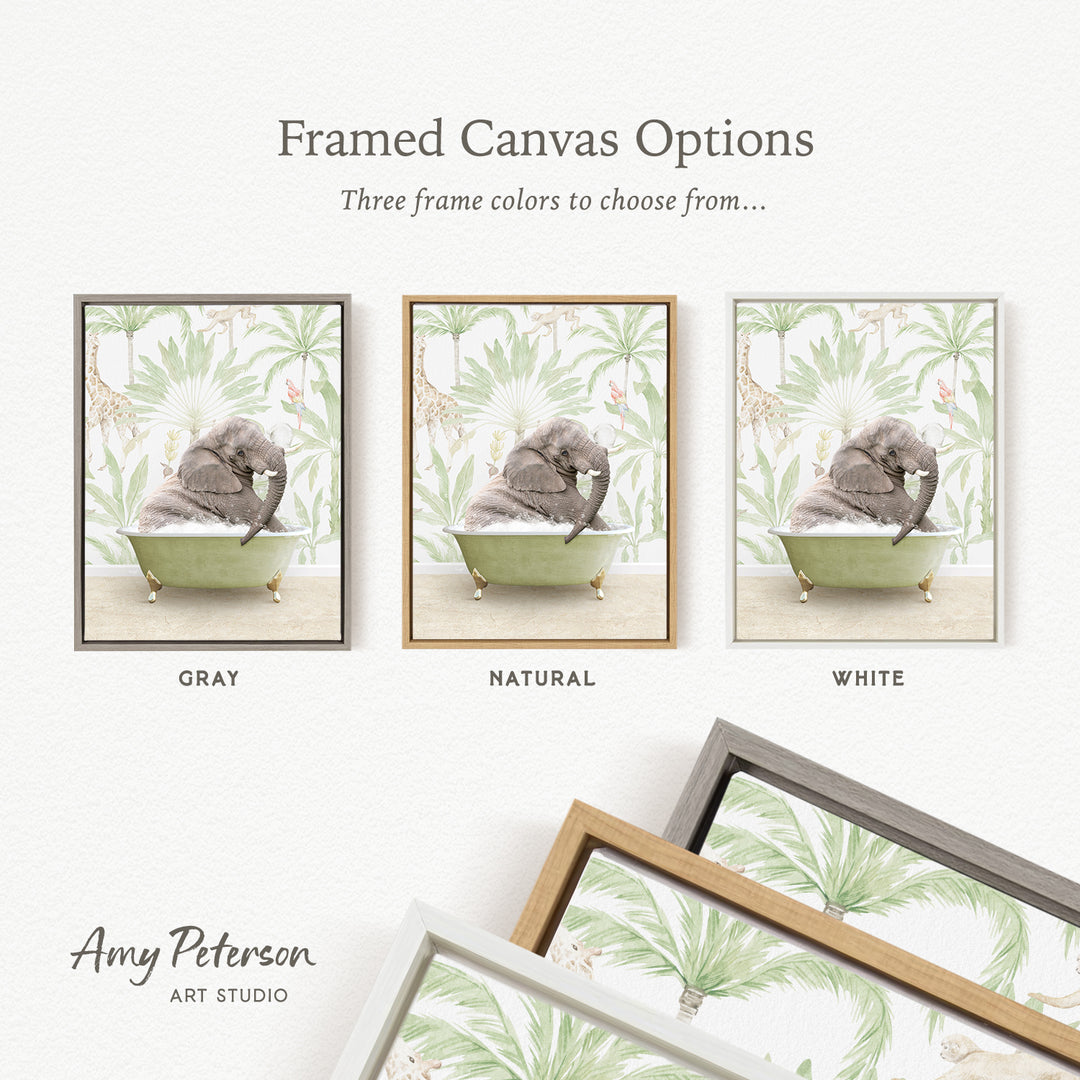 three framed canvas options featuring a gray elephant sitting in a green bathtub, with each option having a different frame color: gray, natural, and white.