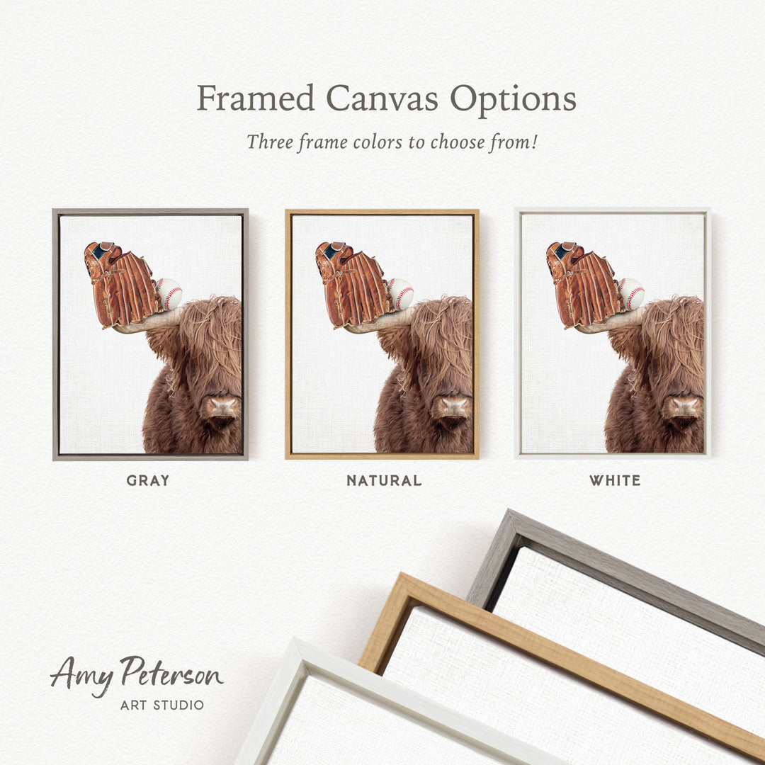 three framed canvas options, each featuring a close-up of a brown cow with a baseball glove on its head. The options include a gray, a natural, and a white frame.