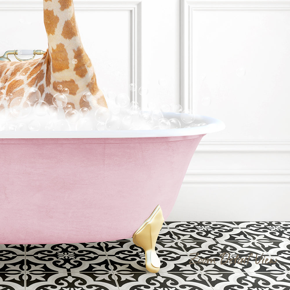 A giraffe standing in a pink bathtub filled with bubbles, with a black and white patterned floor in the background.