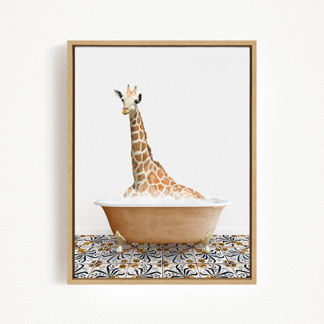 A giraffe is sitting in a bathtub filled with water, creating a whimsical and playful scene.