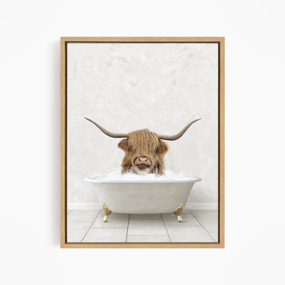A Highland cow with large curved horns is sitting in a white bathtub filled with water, creating a whimsical and playful scene.