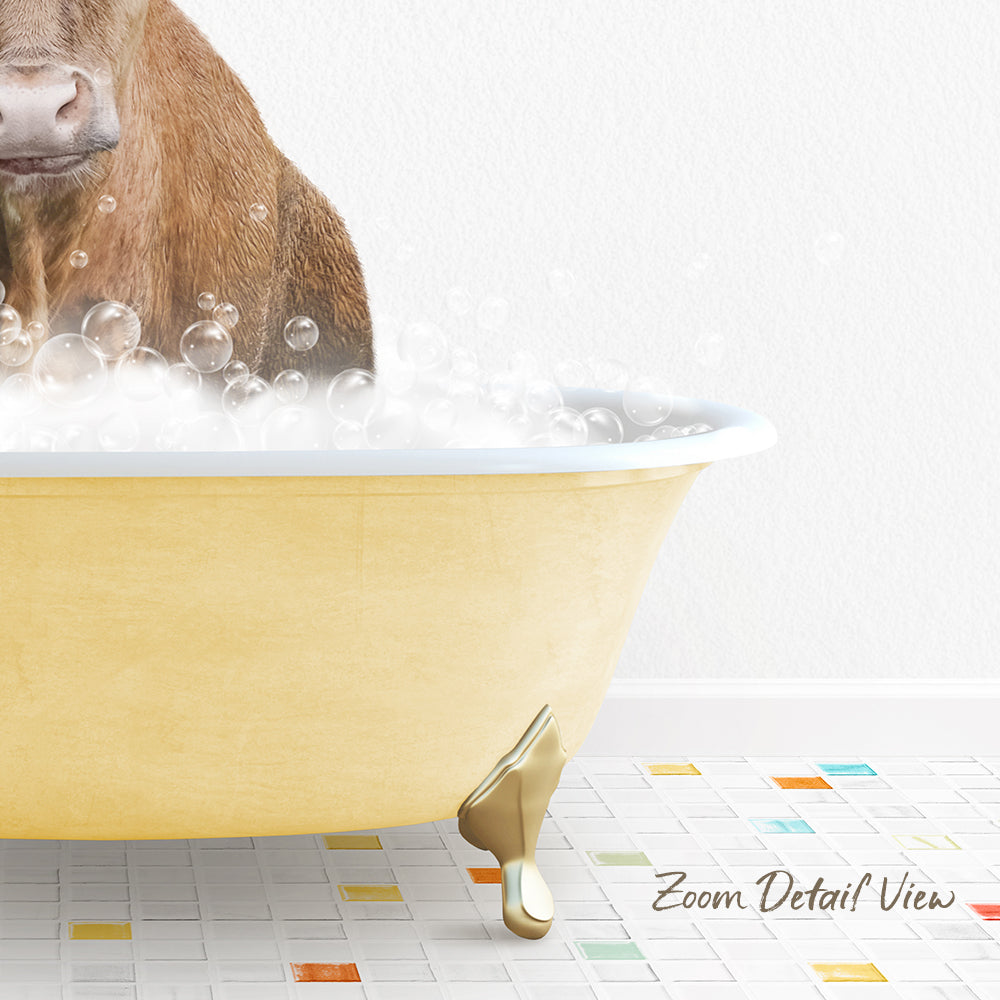 A dog is sitting in a yellow bathtub filled with bubbles, enjoying a bath.