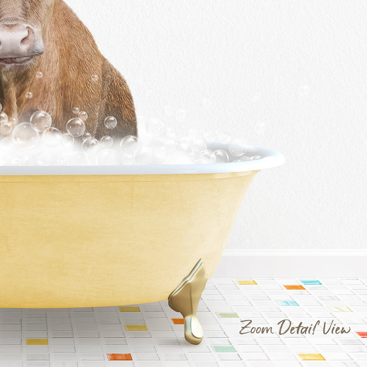 A dog is sitting in a yellow bathtub filled with bubbles, enjoying a bath.