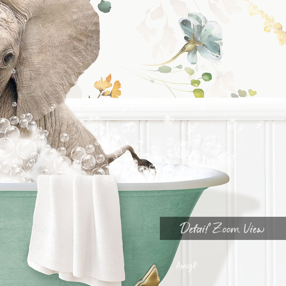A large elephant is taking a bath in a green bathtub, surrounded by bubbles and a towel.