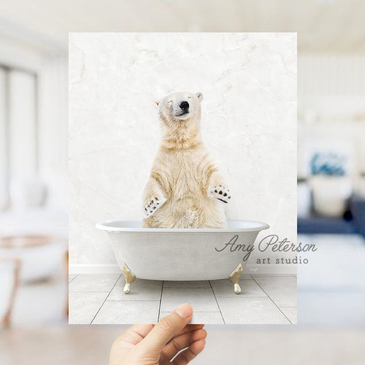 a polar bear sitting in a bath tub