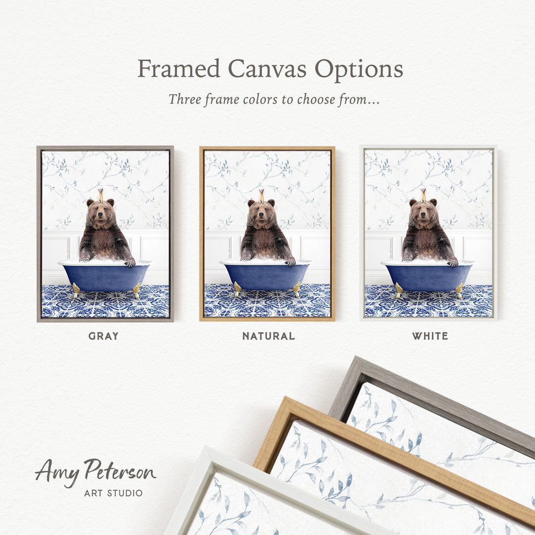 The image is a framed canvas option showcasing three different framed pictures of a bear sitting in a bathtub. The bear is depicted in various colors and frame styles, allowing the viewer to choose their preferred option.