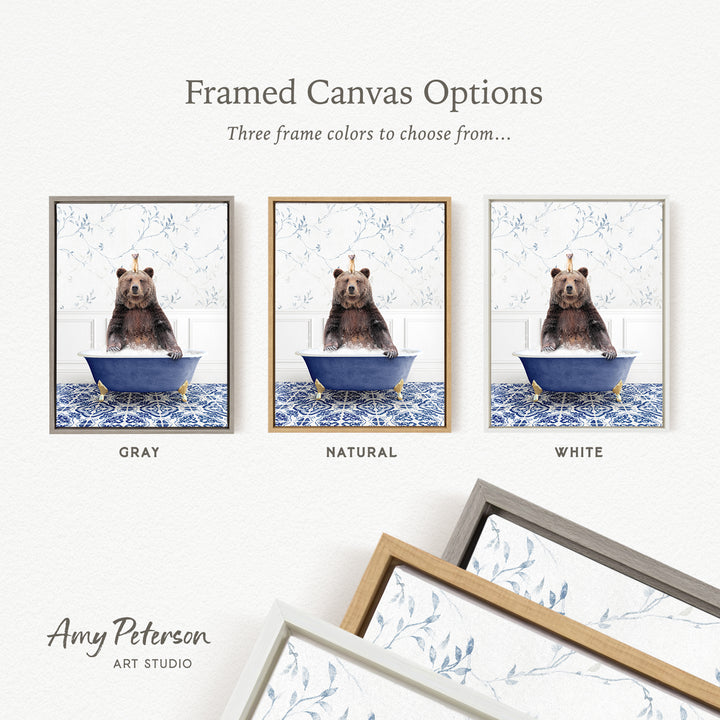 The image is a framed canvas option showcasing three different framed pictures of a bear sitting in a bathtub. The bear is depicted in various colors and frame styles, allowing the viewer to choose their preferred option.