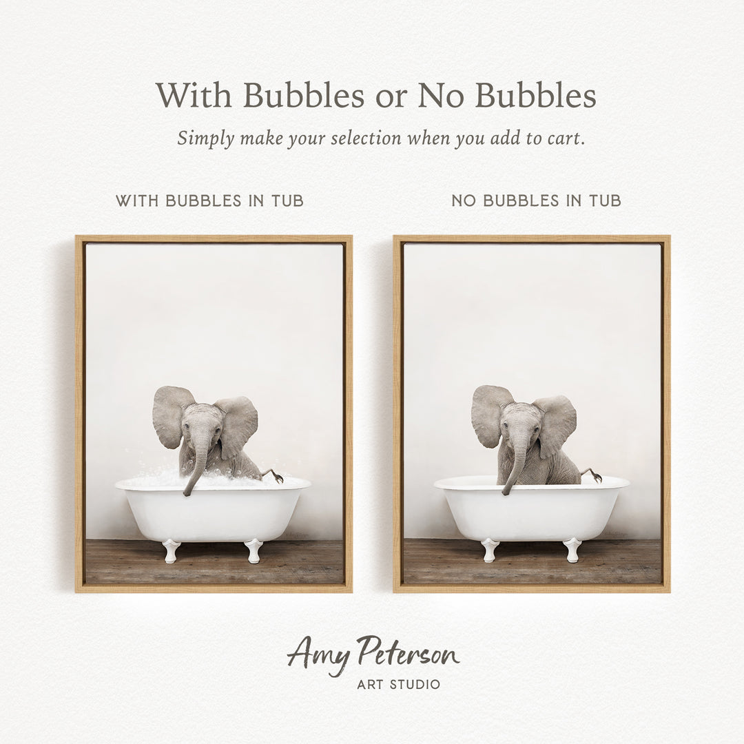 The image is a collage of two pictures, each featuring an elephant sitting in a bathtub. The elephant in the first picture has bubbles in the tub, while the elephant in the second picture does not have bubbles. The collage is titled "With Bubbles or No Bubbles" and is created by Amy Peterson from Art Studio.