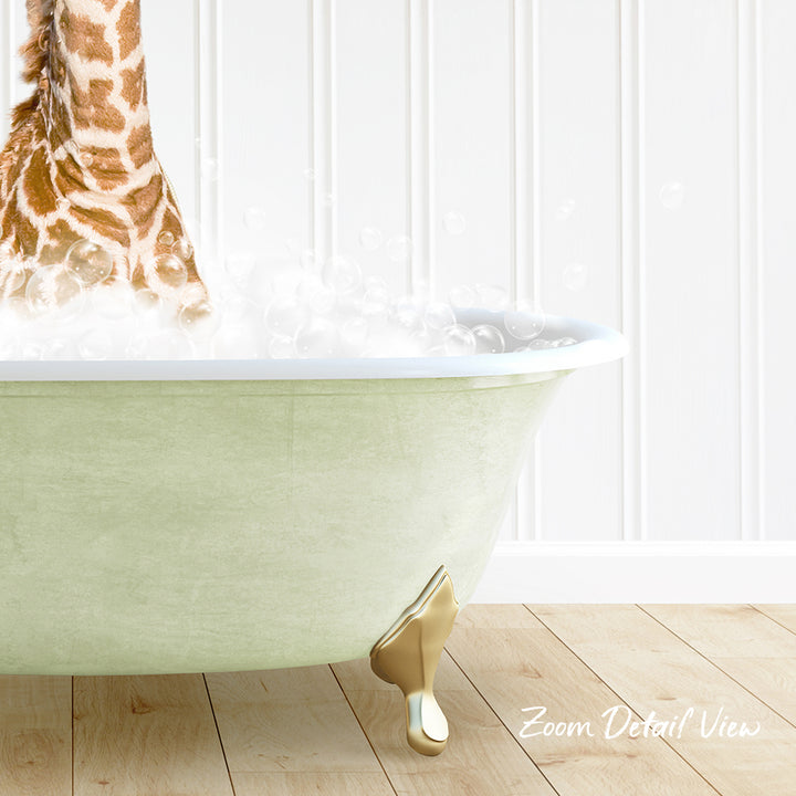 A giraffe is standing in a green bathtub filled with water, creating a whimsical and playful scene.