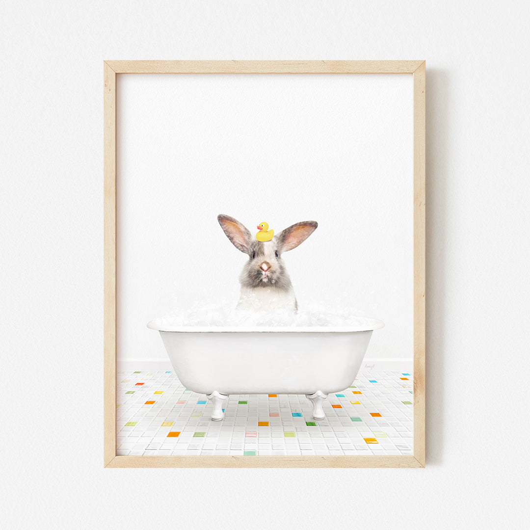 a bunny in a bathtub with a flower in it's hair