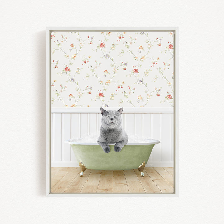 A gray cat sitting in a green bathtub, with a floral wallpaper in the background.