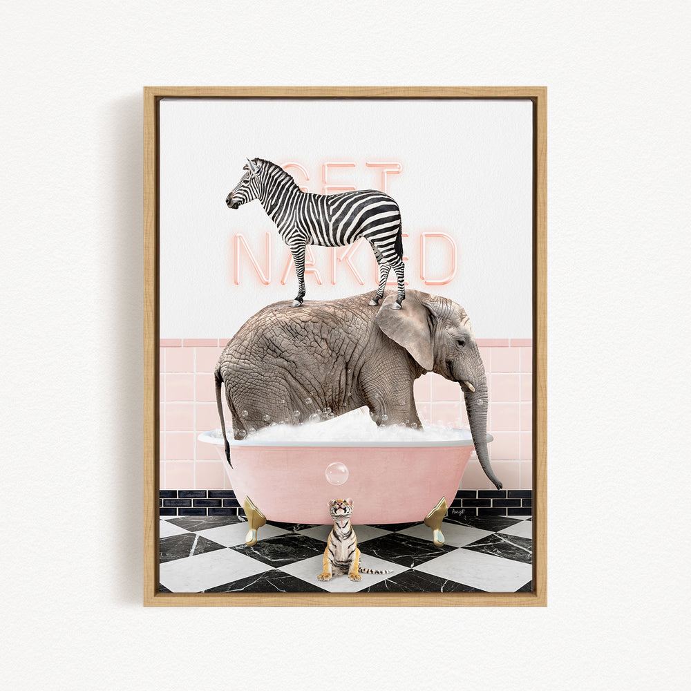 A zebra standing on an elephant's back, with a tiger sitting in a pink bathtub, all set against a pink and black checkered floor.