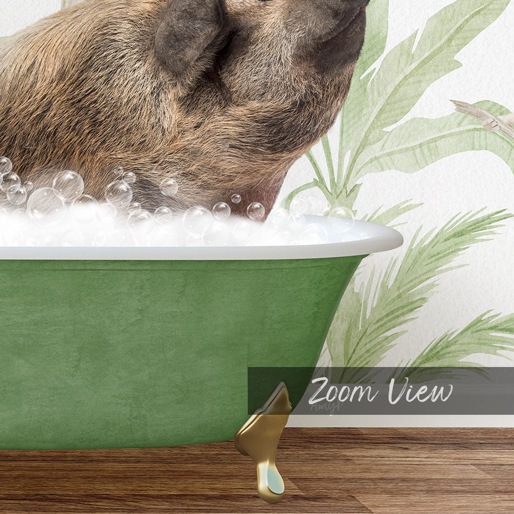 A brown pig is sitting in a green bathtub filled with bubbles, enjoying a relaxing bath.