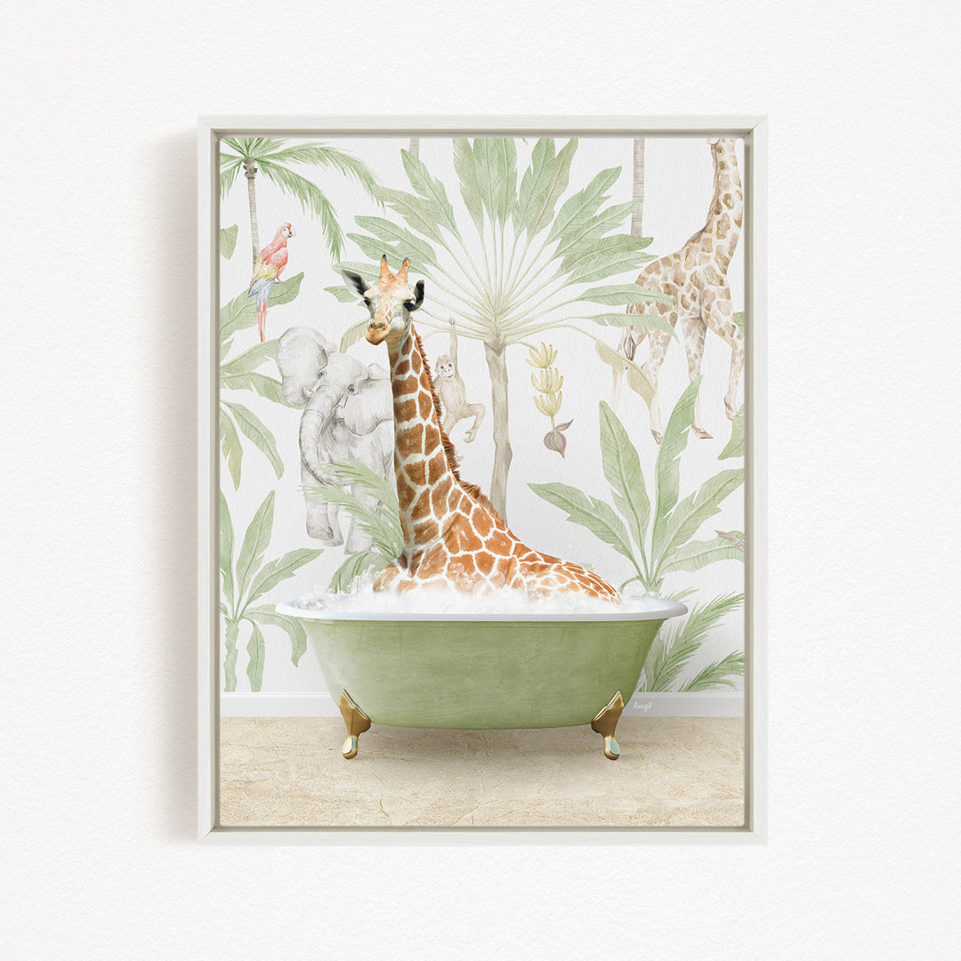 A giraffe sitting in a green bathtub surrounded by tropical foliage, including palm trees and other animals.
