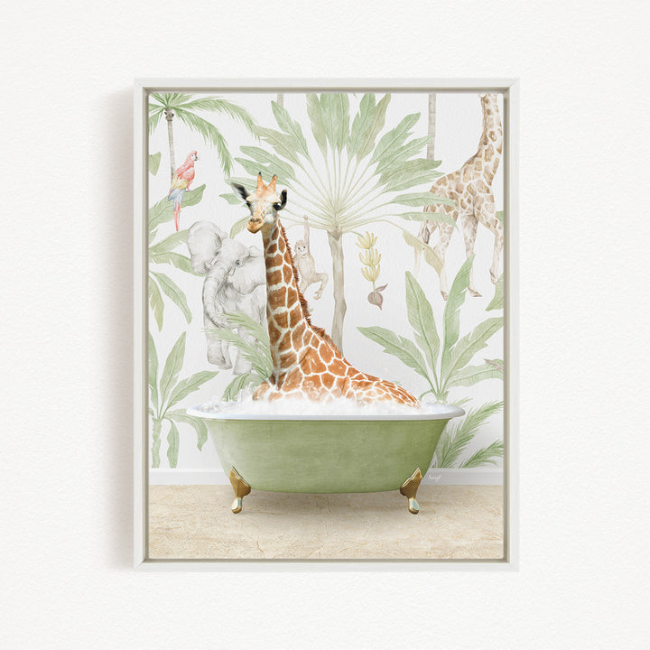 A giraffe sitting in a green bathtub surrounded by tropical foliage, including palm trees and other animals.