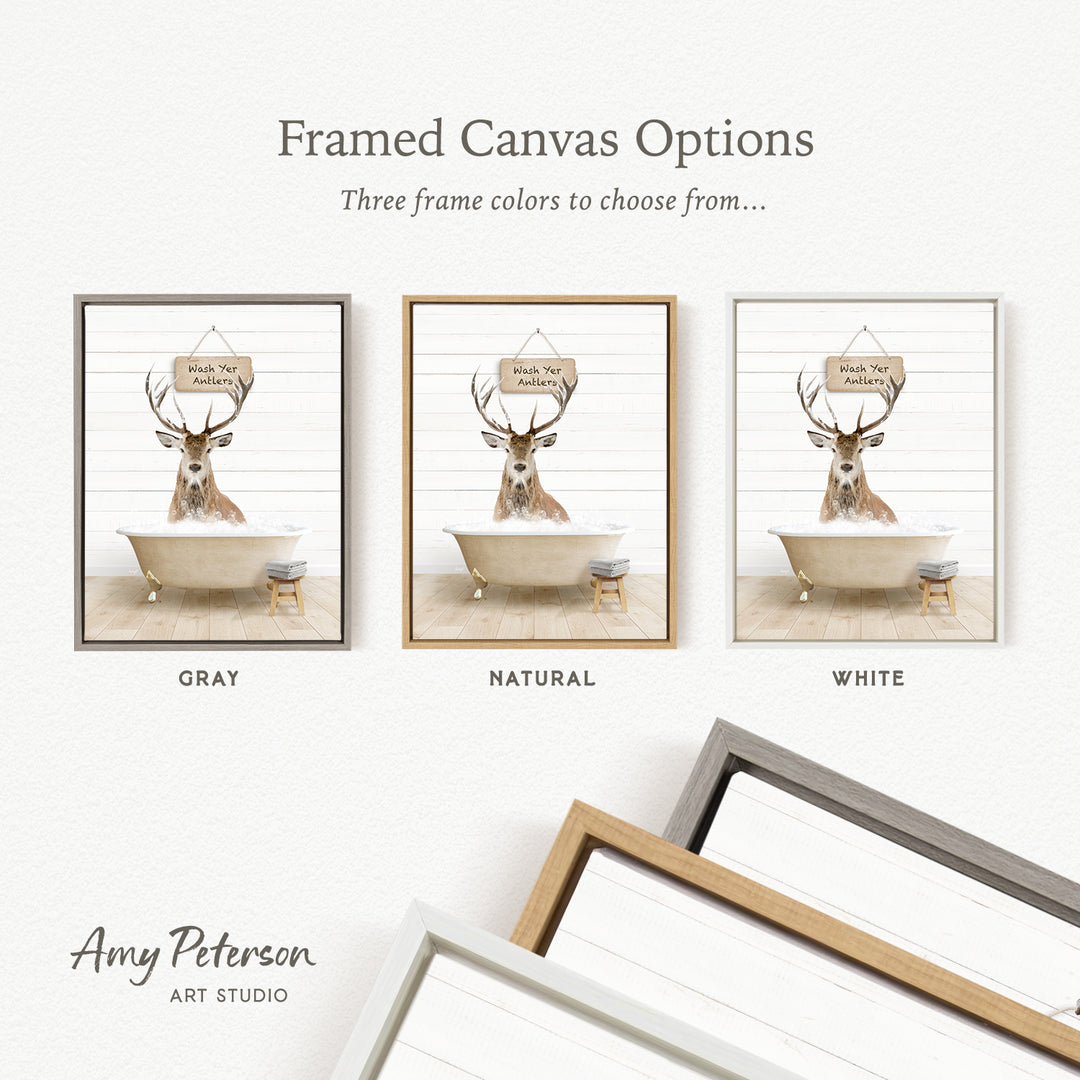 three framed canvas options featuring a deer in a bathtub, each with a different frame color: gray, natural, and white.