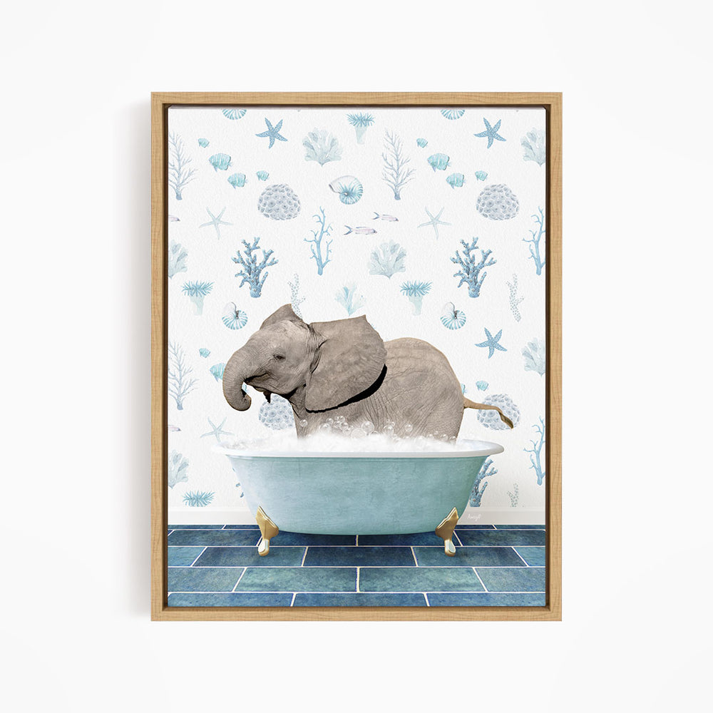 A gray elephant is sitting in a blue bathtub filled with water, surrounded by a pattern of blue and white seashells and starfish.
