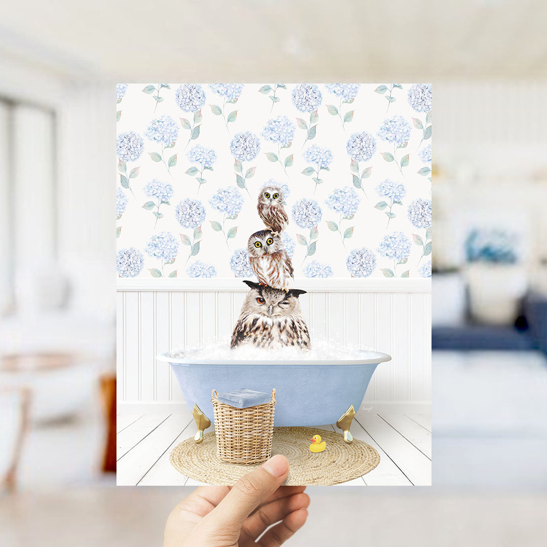 A hand holds up a framed image depicting three owls sitting in a blue bathtub, surrounded by a floral patterned wall.