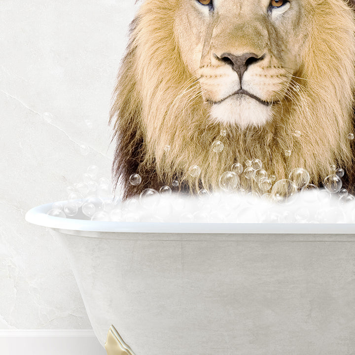 a lion sitting in a bathtub with bubbles