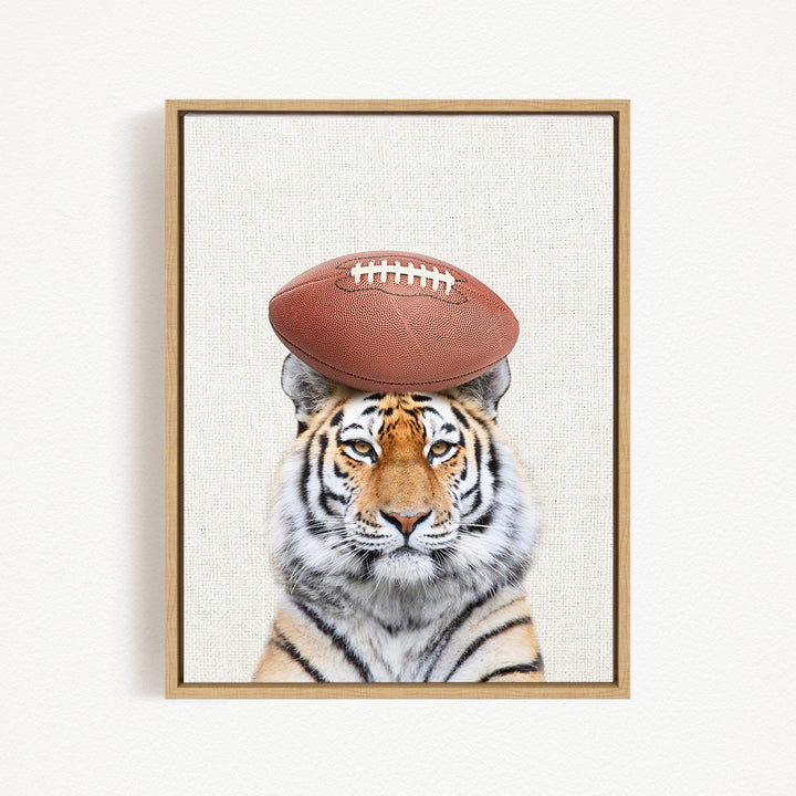 A tiger with a football resting on its head, creating a humorous and playful scene.