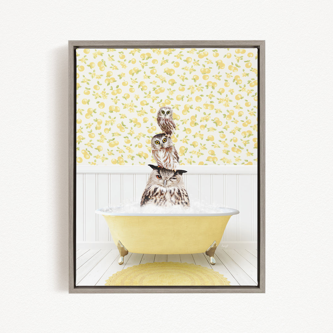 A framed image depicting three owls sitting in a yellow bathtub, with a yellow and white floral wallpaper in the background.