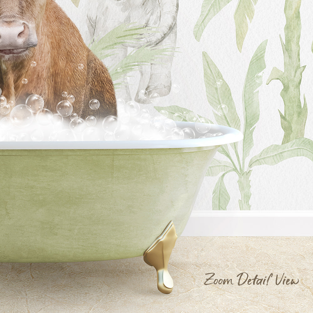 A brown cow is sitting in a green bathtub filled with bubbles, with a tropical plant wallpaper in the background.
