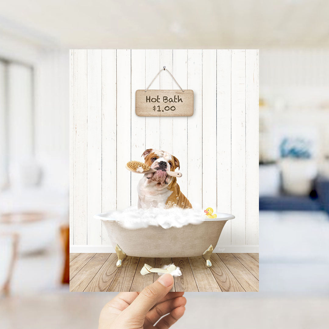 A brown and white bulldog sitting in a bathtub filled with bubbles, holding a bath brush, with a sign that says "Hot Bath $1.00" above it.