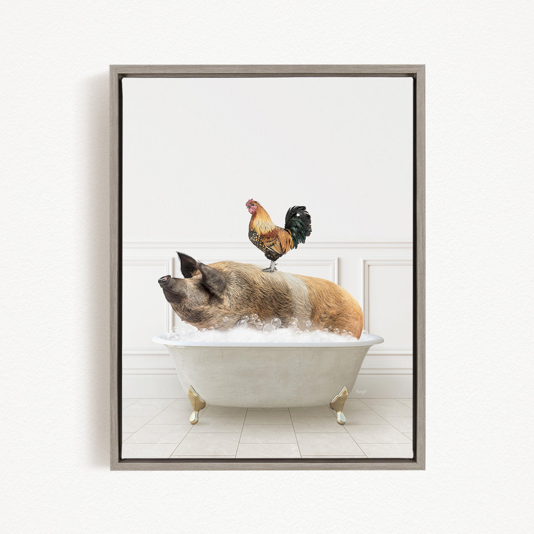 A rooster sits atop a pig in a bathtub, creating a whimsical and humorous scene.
