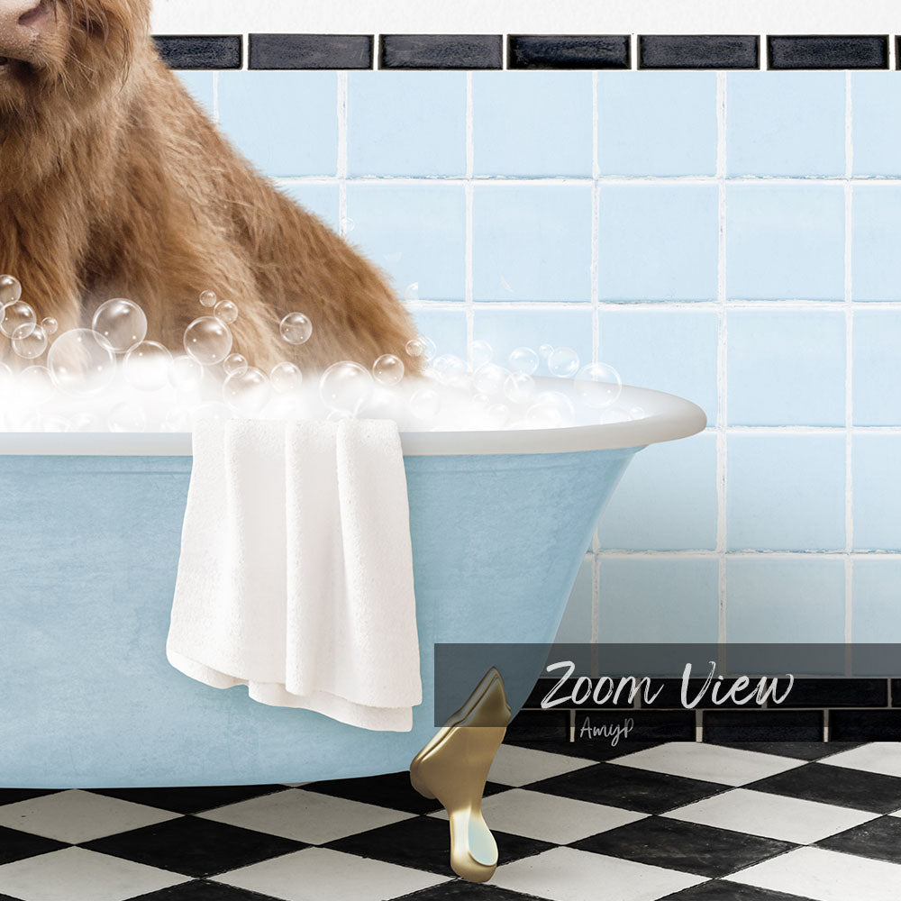 A brown dog is sitting in a blue bathtub filled with bubbles, with a towel draped over the side and a checkered black and white floor in the background.
