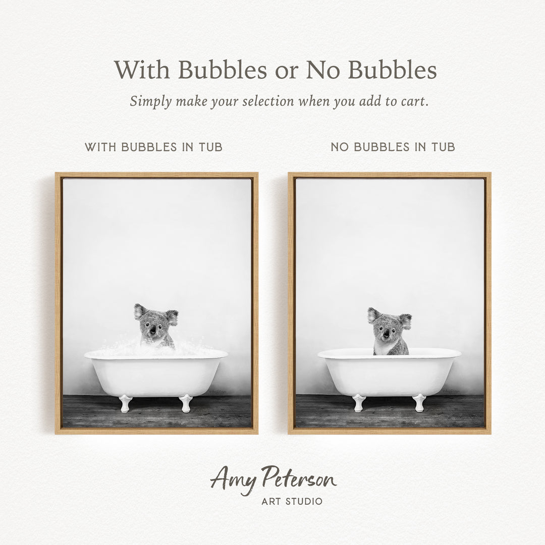 The image is a black and white photograph of a koala bear sitting in a bathtub, with the text "With Bubbles or No Bubbles" above the images.