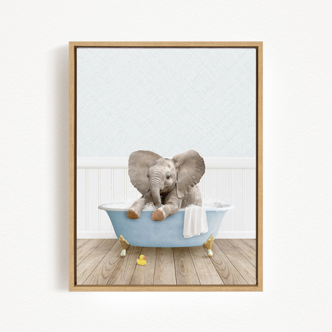 A baby elephant sitting in a blue bathtub, surrounded by rubber ducks, in a white-walled room with a wooden floor.