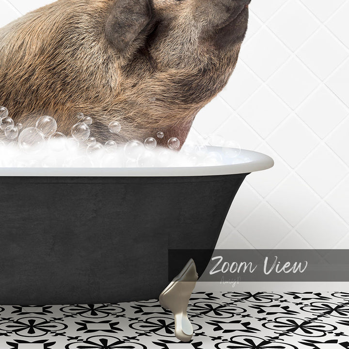 A pig is sitting in a bathtub filled with bubbles, enjoying a relaxing bath.