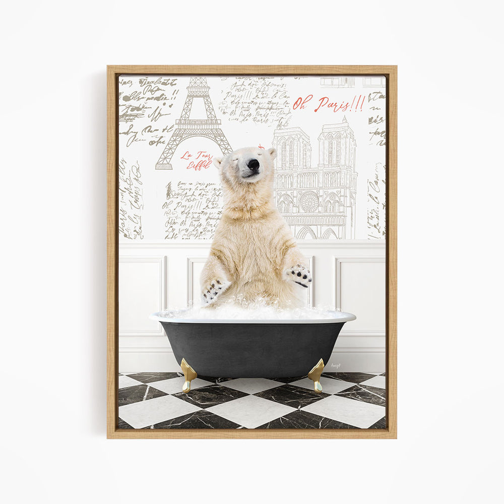 A polar bear sitting in a bathtub filled with water, surrounded by a decorative wall with the Eiffel Tower and other Parisian landmarks.