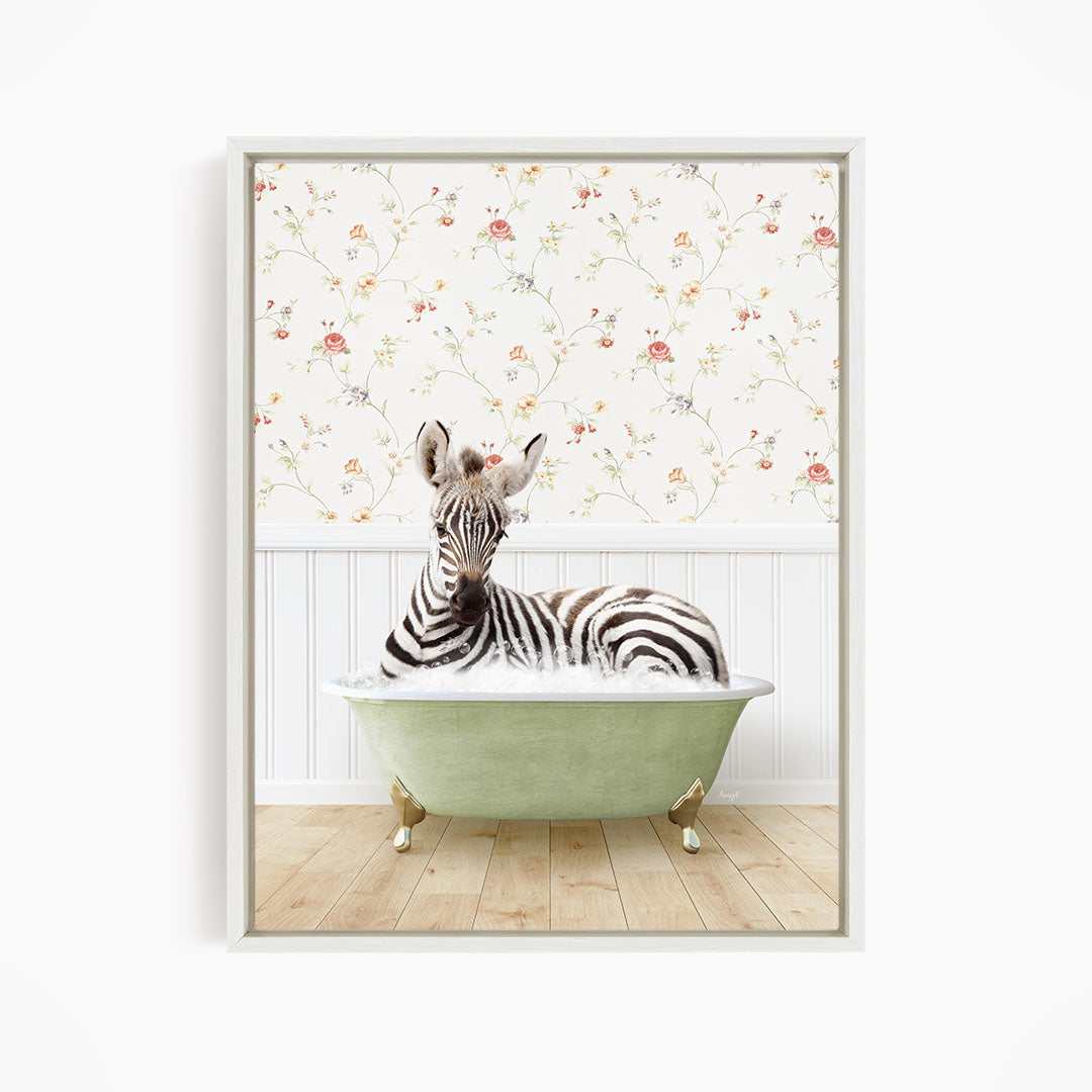A zebra is sitting in a green bathtub, with a floral wallpaper in the background.