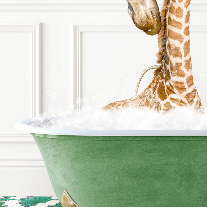 a giraffe sticking its head into a bathtub full of bubbles