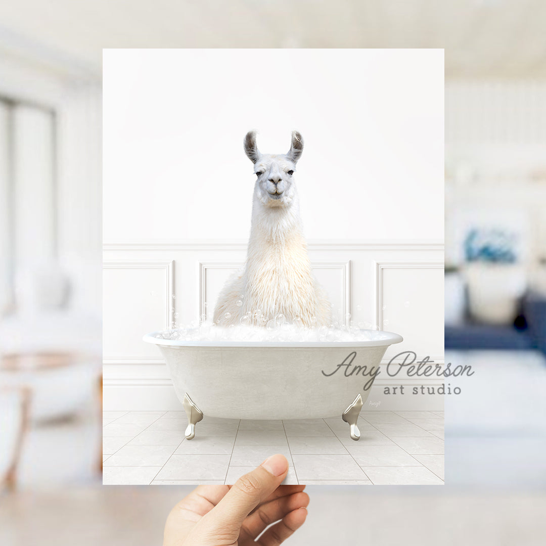 a hand holding a card with a llama in a bathtub