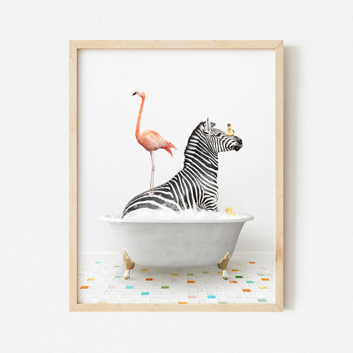 a picture of a zebra and a flamingo in a bathtub