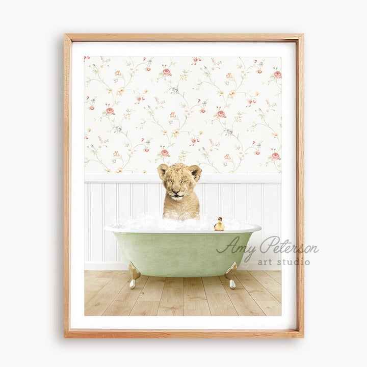 a framed photograph of a dog in a bathtub