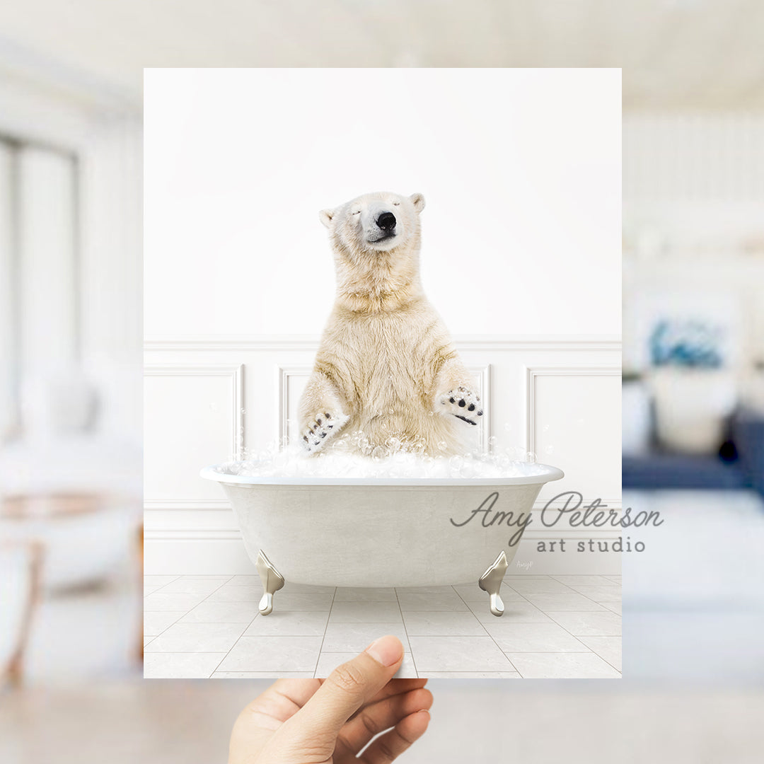 a polar bear sitting in a bath tub