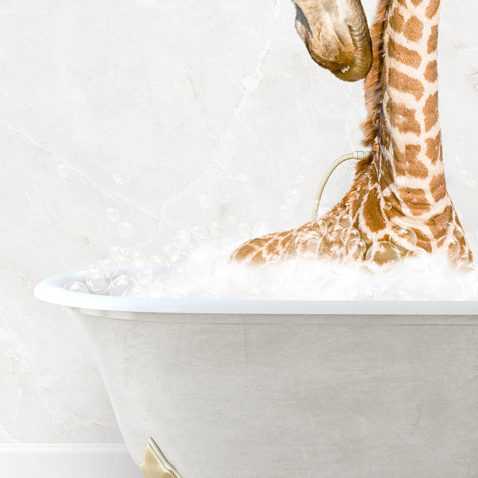 a baby giraffe in a bathtub with bubbles coming out of it