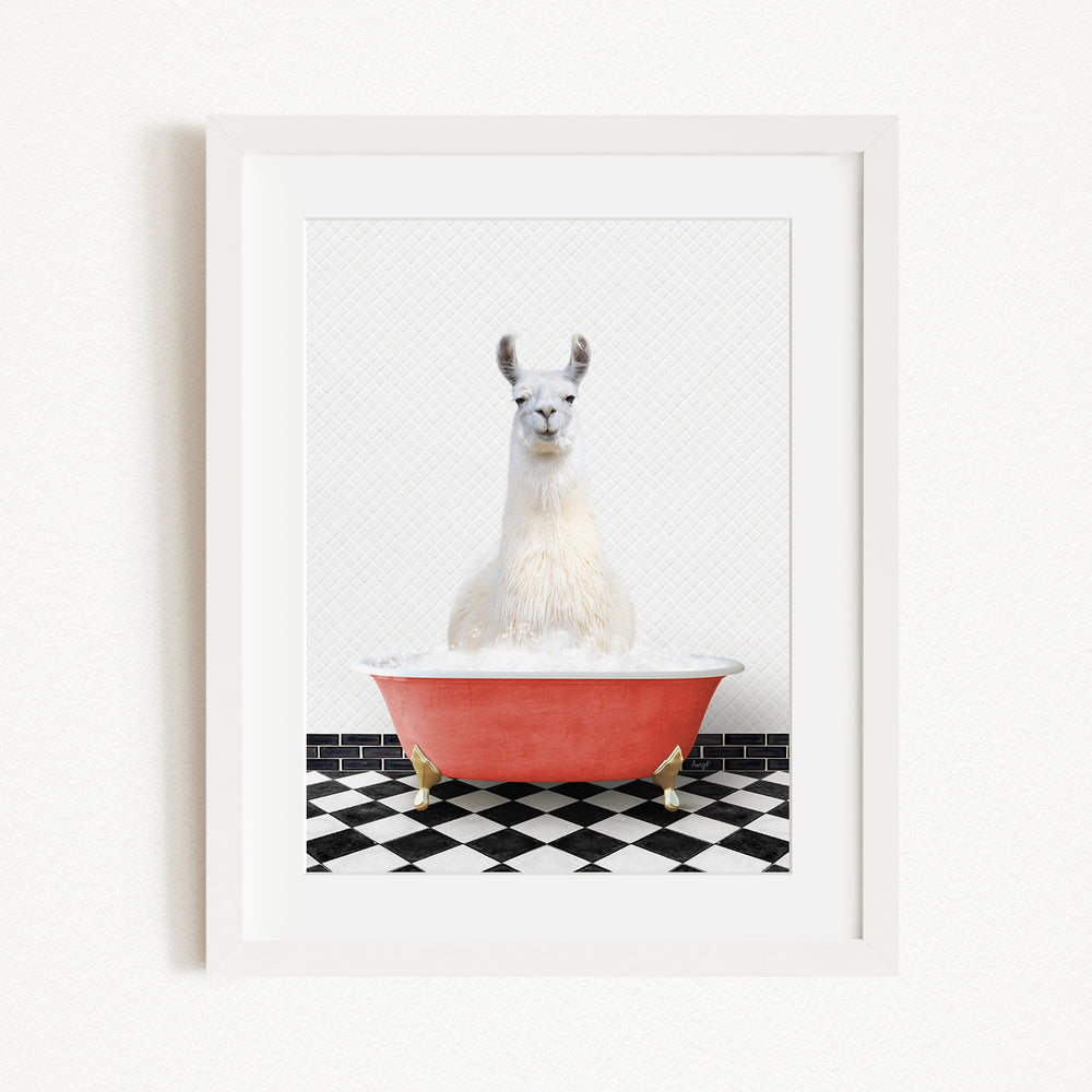 A white llama sitting in a red bathtub on a black and white checkered floor.