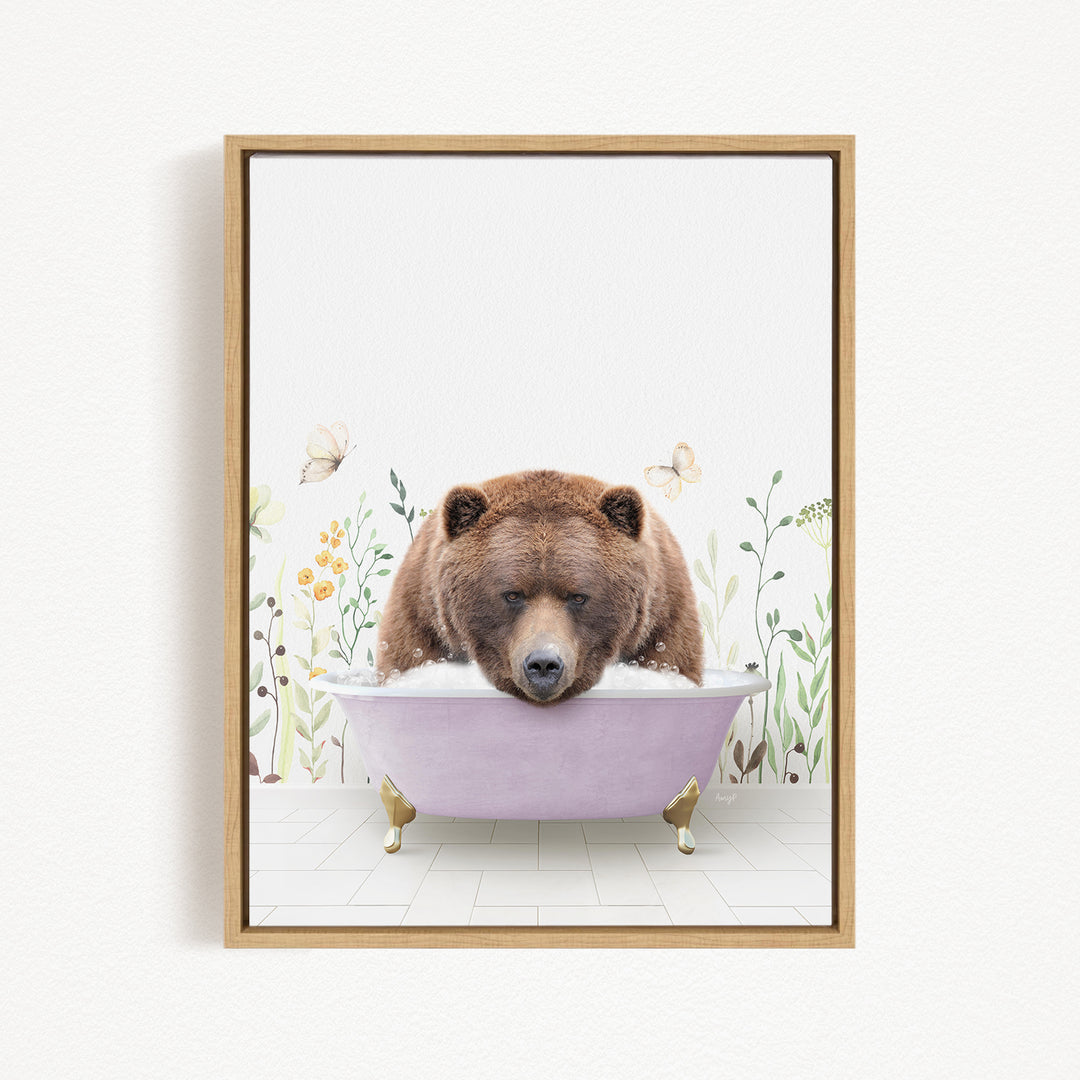 A brown bear is sitting in a pink bathtub, surrounded by flowers and butterflies, creating a whimsical and playful scene.