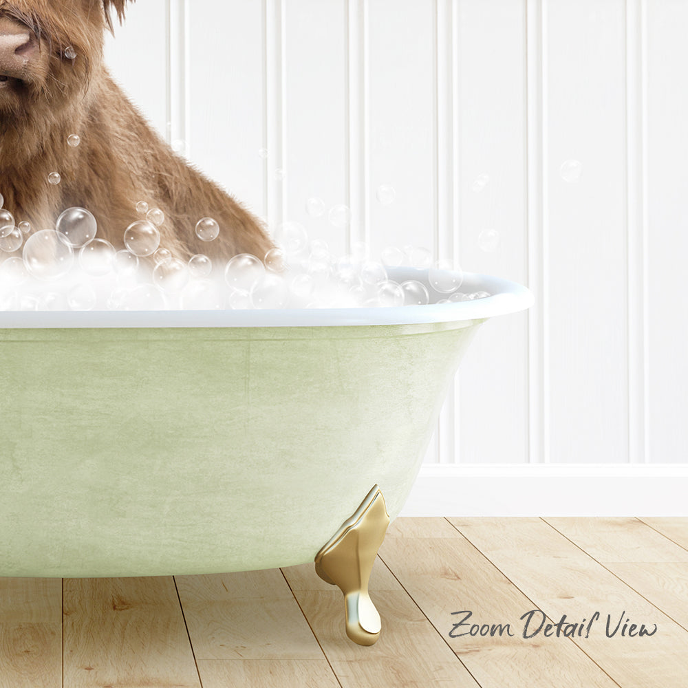 A brown dog is sitting in a green bathtub filled with bubbles, with a white wall and wooden floor in the background.
