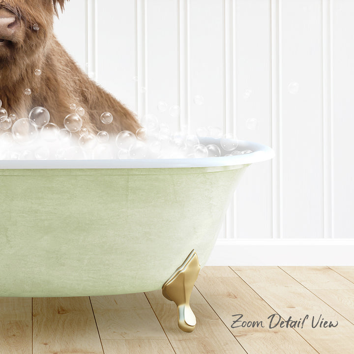 A brown dog is sitting in a green bathtub filled with bubbles, with a white wall and wooden floor in the background.
