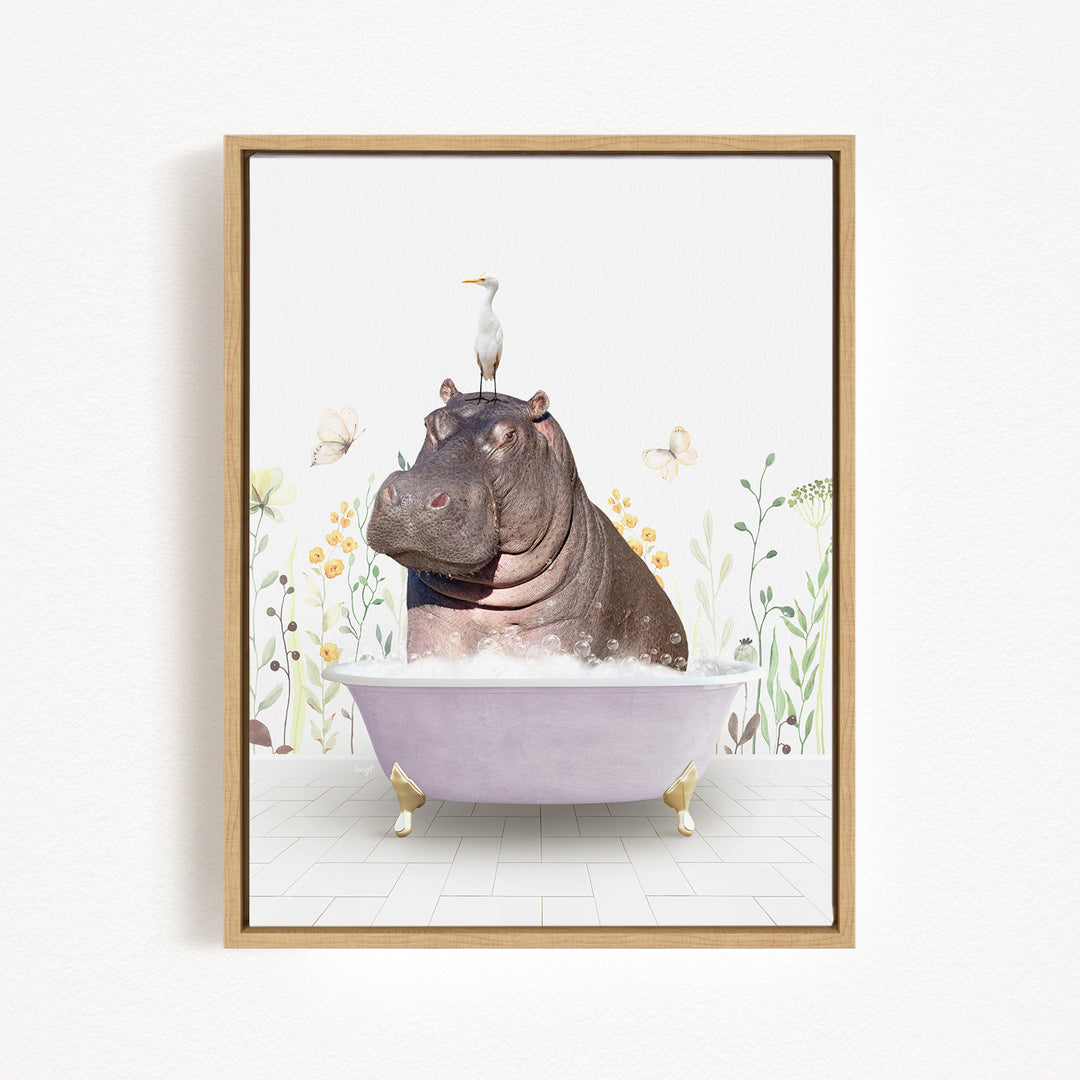 A hippopotamus sitting in a bathtub, surrounded by flowers and butterflies, with a bird perched on its head.