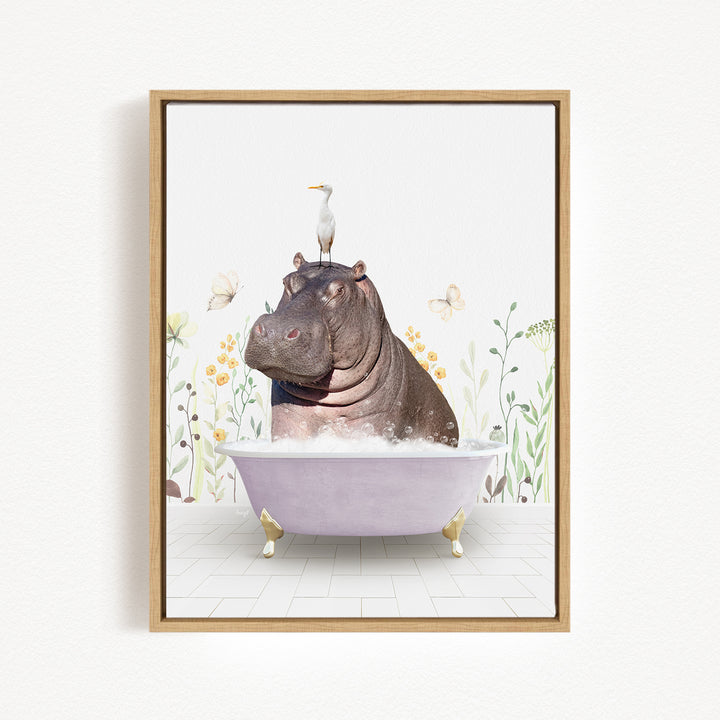 A hippopotamus sitting in a bathtub, surrounded by flowers and butterflies, with a bird perched on its head.