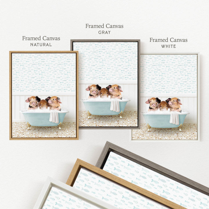 three framed pictures of small animals, likely dogs, sitting in a bathtub. The pictures are labeled as " Framed Canvas" in different colors: "Natural", "Grays", and "White".