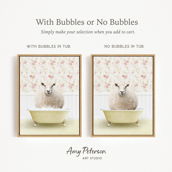 The image is a collage of two framed pictures, each depicting a sheep in a bathtub. The text above the images reads "With Bubbles or No Bubbles" and below the images, it says "Simply make your selection when you add to cart."