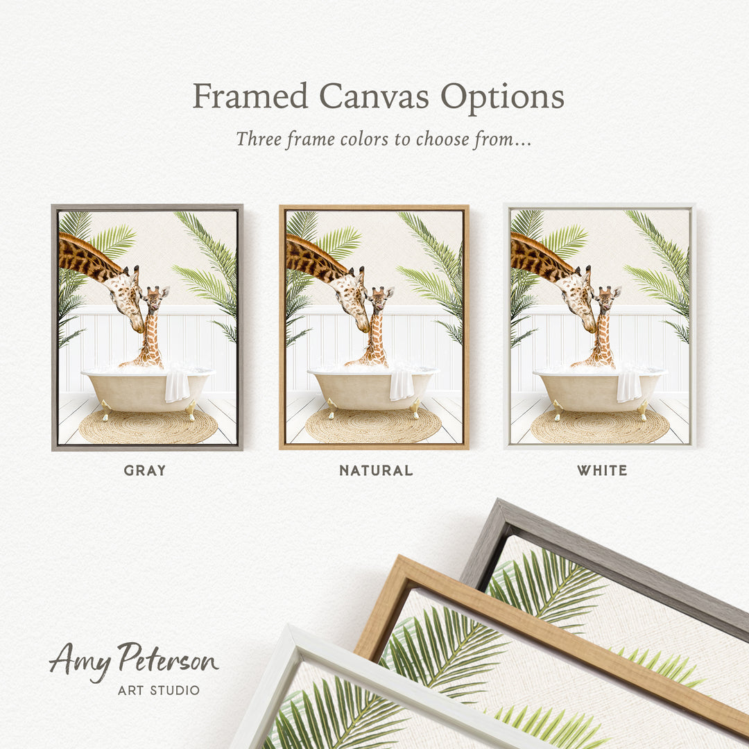 three framed canvas options, each featuring a giraffe in a bathtub surrounded by tropical plants. The options include a gray frame, a natural frame, and a white frame.